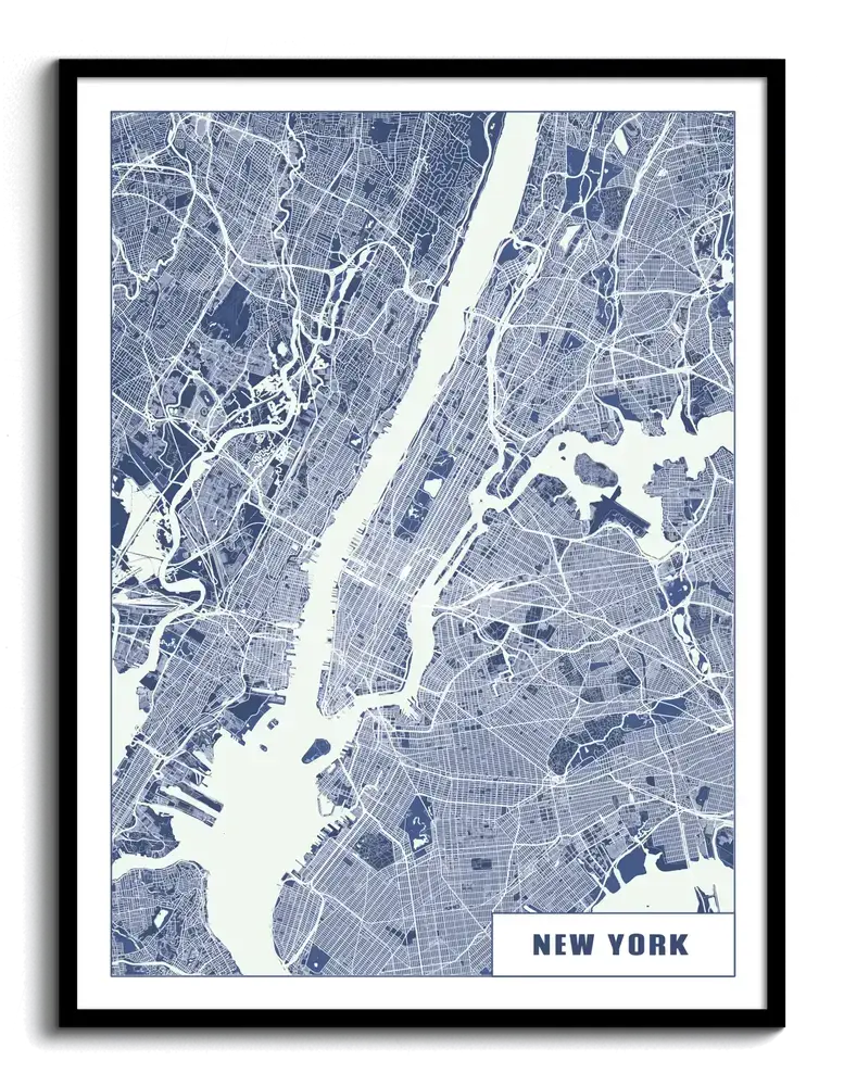 Blau-weiße Stadtkarte von New York City im TECH-Stil als Poster mit schwarzem Rahmen
