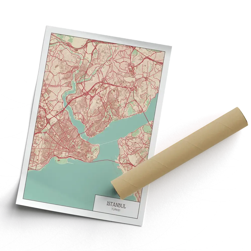 Ungerahmtes Istanbul-Stadtplanposter im TECH-Stil mit roten Straßen und mintgrünem Wasser neben einer Rolle