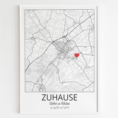 Personalisiertes Poster ZUHAUSE individueller Stadtkarte mit Markierung eurer Wohnung 1c