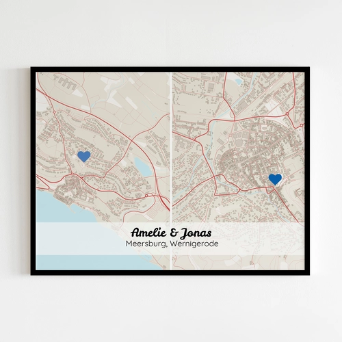 zwei Orte eine Liebe zwei personalisierte Stadtkarten im Querformat_3c